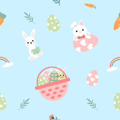 Seamless pattern with art design elements, and colorful Easter eggs.