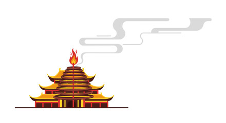 Illustration of a traditional Asian temple with a burning torch on top, emitting smoke against a white background.