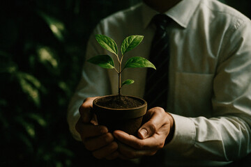 Hyper-Detailed Digital Art: Man in Beige Sweater Holding Potted Plant with Green Leaves v3