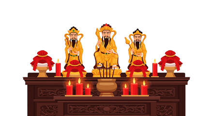 Three golden deities on a wooden altar adorned with red candles and offering bowls.