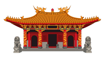 Illustration of a traditional Asian temple with ornate roof and stone guardians.