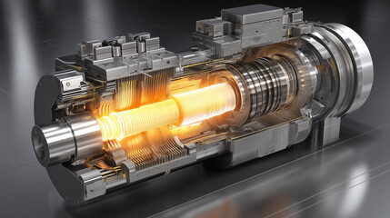 Nuclear reactor core fusion reactor glowing plasma futuristic technology metal components energy generation industrial machinery high tech device engineering design power plant