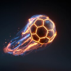 Fototapeta premium Flaming soccer ball streaks across a dark background, glowing with orange heat