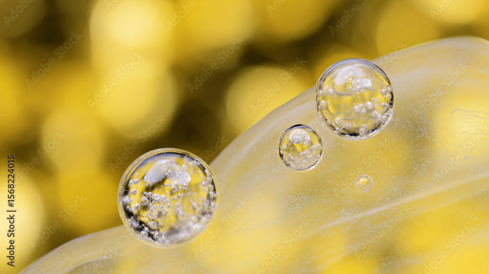 Poster macro shot of water droplets on a light yellow surface with a blurred yellow background bokeh effect