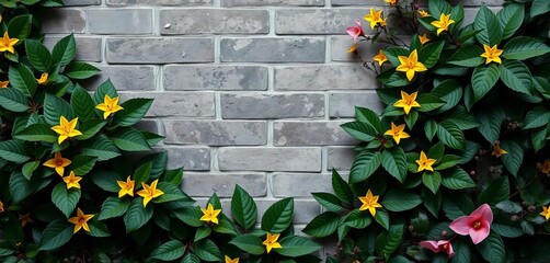 Dark green foliage, yellow stars, black & pink accents on grey brick background, botanical, rustic
