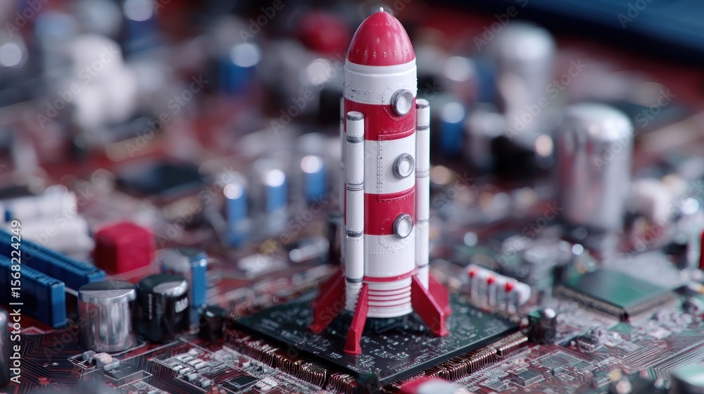Poster rocket model on a computer circuit board