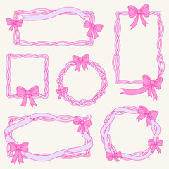 Cute ribbon frame set, vector hand drawn doodle border, pink bow line illustration, minimal design. Romantic wedding celebration decor, coquettish wavy oval banner. Vintage elegant lace ribbon frame 