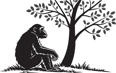 Silhouette of a chimpanzee sitting beneath a tree on grassy ground in a clean style