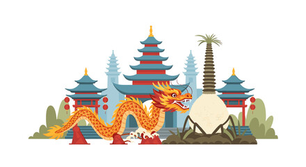 A vibrant illustration of a Chinese dragon in front of traditional pagodas and a unique plant.