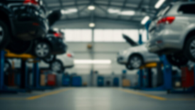 Cars on lifts in a garage or auto repair shop interior.