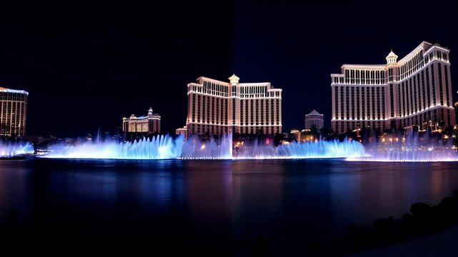 A time lapse of the Bellagio Fountains transitioning from day to night with the fountain shows becoming more dramatic under th