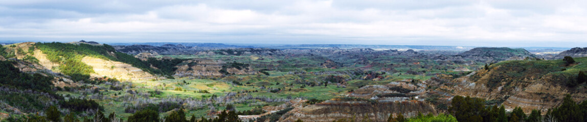 A sweeping panoramic view captures the vast, layered terrain of Theodore Roosevelt National Park. Green grasslands and badlands stretch to the horizon under a soft, cloudy sky.