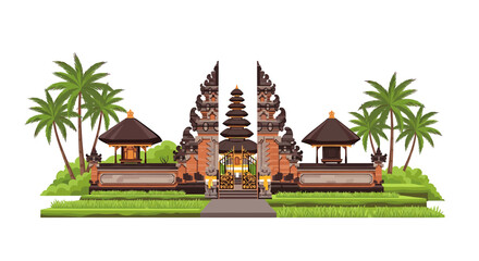 Illustration of a Balinese temple entrance with intricate carvings, surrounded by lush greenery and palm trees.