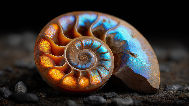 Fossiler Ammonit mit schillernden Regenbogenfarben und nat&uuml;rlicher Perlmuttoberfl&auml;che