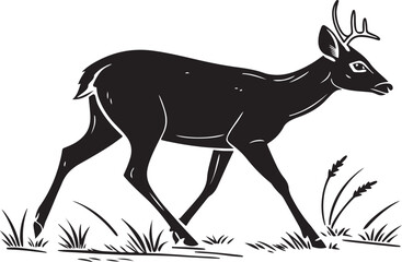 Fototapeta premium Silhouette of a strolling deer in black and white with grass graphic vector illustration