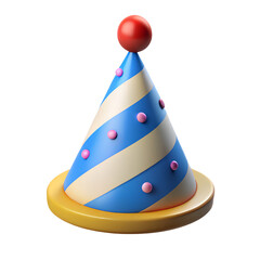 A blue and white striped party hat with pink dots and a red ball on top, isolated on transparent background