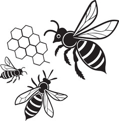 Black and white illustrations of bees honeycomb and honey bee related design elements