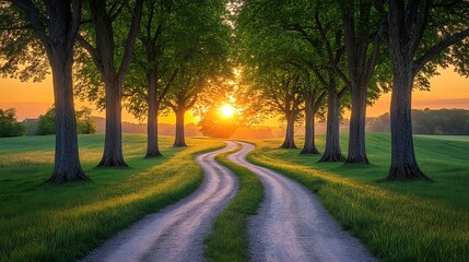 Naklejka premium Winding country road at sunrise, lined with trees.