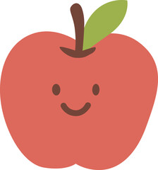 Cute Red Happy Apple Cartoon Illustration with Simple Smiling Face and Leaf