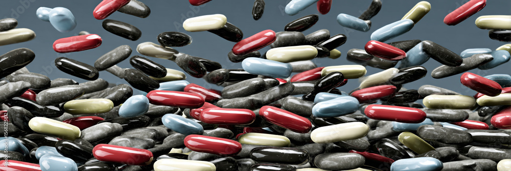 Poster a dynamic composition of falling capsules in various colors against a gradient background scene