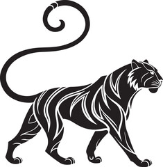 Obraz premium Elegant black panther silhouette with a stylized decorative tail walking on white background
