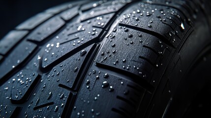 Close up of a black car tire with water droplets. Reflective beads highlight the textured surface.