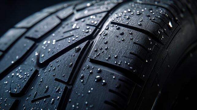 Close up of a black car tire with water droplets. Reflective beads highlight the textured surface.