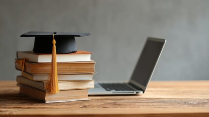 Graduation books and laptop on a wooden table