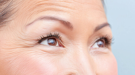 Close up of eyelid crease and upper brow showing natural skin texture and fine wrinkles around brown eyes with long eyelashes, capturing delicate facial details and soft lighting