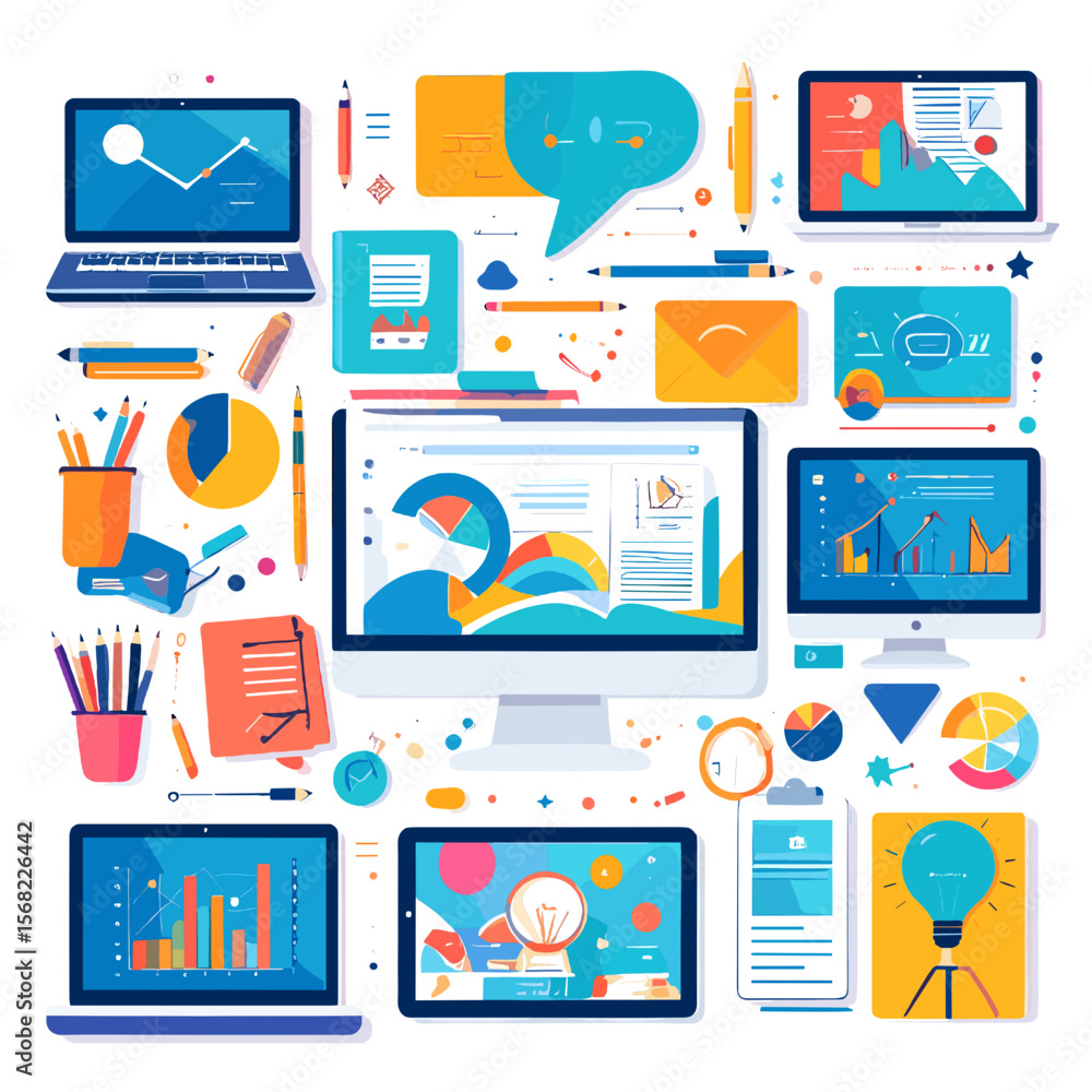 Poster colorful business analytics composition with chart graphs on computer screens and stationery around 