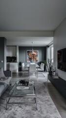 Spacious modern luxury apartment featuring bright interiors , showcasing contemporary design elements.