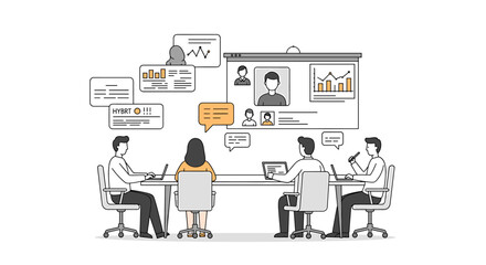 Collaborative Business Meeting Depicted with Charts, Graphs, and Online Presentation.