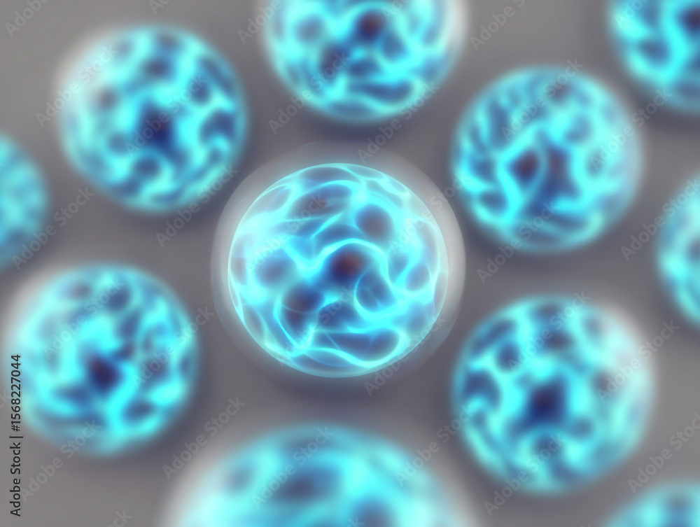 Poster a cluster of glowing blue orbs with intricate internal patterns floating on a neutral background