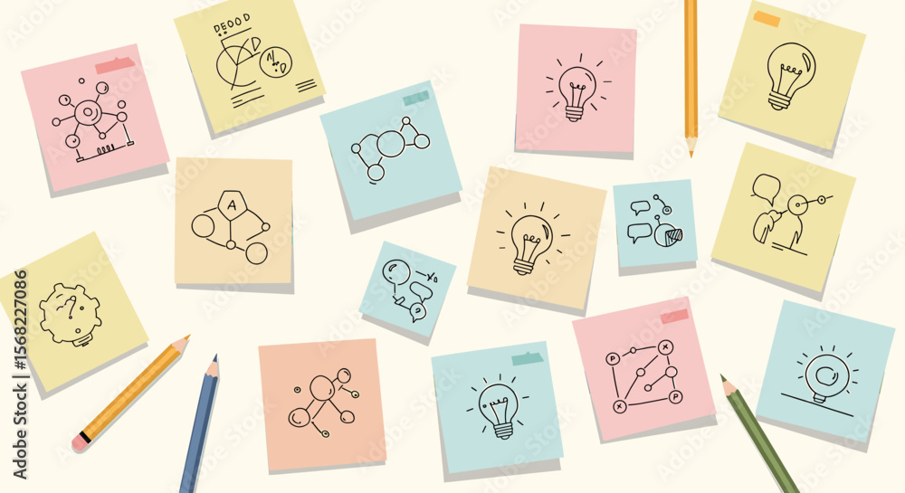 Poster colorful sticky notes with idea sketches and network diagrams