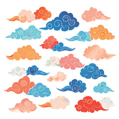 Fototapeta premium Collection of traditional Japanese cloud illustrations in coral blue and orange vector