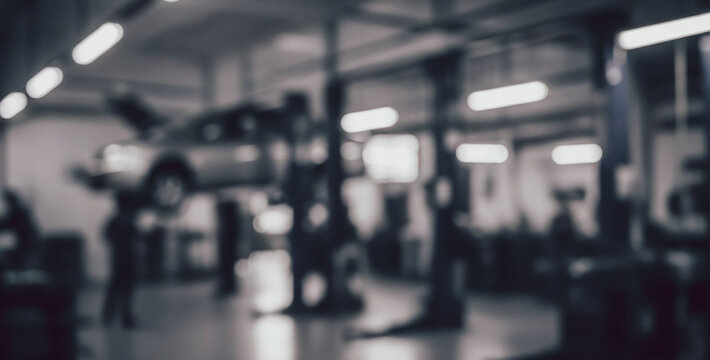 Car repair shop interior with vehicles on lifts blurred dark and moody. - Powered by Adobe