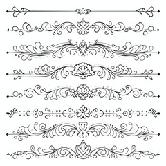 Obraz premium Collection of eight black and white ornamental line art dividers with floral accents