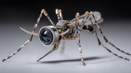 Mechanical mosquito with camera lens art piece