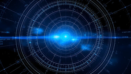Abstract Technology: Futuristic digital art depicting a glowing blue orb at the center of concentric circles, emitting light beams, symbolizing innovation, technology, and progress.