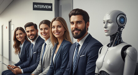 Robot Human Job Interview Line