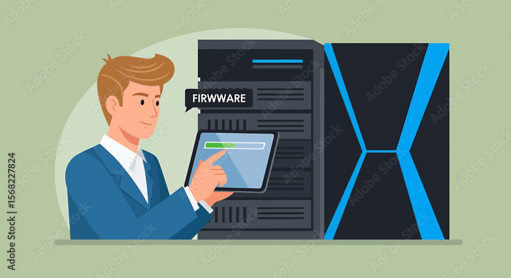 Poster it professional updating firmware on server with tablet device.