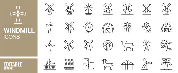 Renewable Energy Windmill Icons in Black Line Art Style for Illustrations