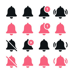 Notification Bell Icons Set: Black and Pink Variations with Mute and Alert States