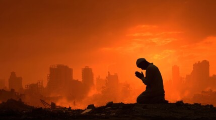 Man praying in ruined city at sunset