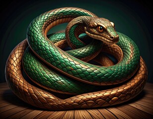 Fototapeta premium Green and gold snake coiled on a wooden surface