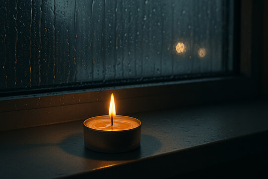 Candle Flame on a Rainy Night: Atmospheric Window Scene with Soft Focus