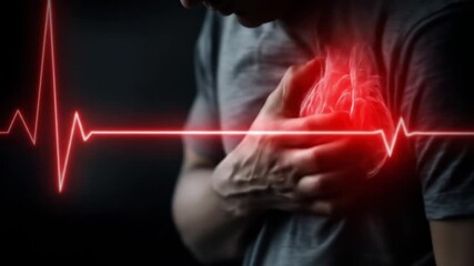 Heart attack warning - man with chest pain. A man clutching his chest symbolizes a heart attack or severe chest pain, with a glowing red ECG line. For medical, emergency response, cardiology,education - Powered by Adobe