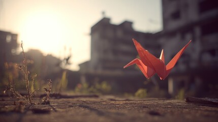 Origami crane in urban decay background