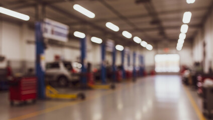 Interior view of a garage with car lifts and equipment in a workshop.