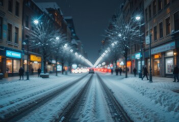Fototapeta premium Close up Snowy City Street at Night with Blurred Lights and Reflections